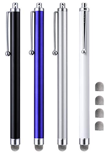 Stylus Pens, CCIVV 4 Pcs 5.6 Inches Mesh Tipped Stylus for Touch Screens, iPad, iPhone, Kindle Fire + 4 Extra Replaceable Hybrid Fiber Tips (White, Black, Silver, Blue)