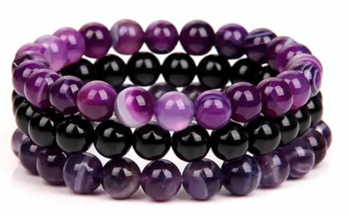 WFJ 3 Beaded Bracelets Set Amethyst Obsidian Agate Triple Protection Bracelet Natural Crystal Stone Purple Healing 8mm Bead (Amethyst Set)