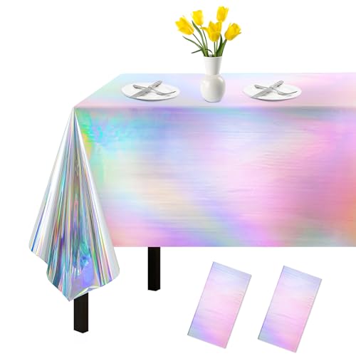 2 Pack Iridescent Tablecloth, 54' x 108' Birthday Party Table Cloths Iridescence Plastic Disposable Table Covers Iridescent Disco Party Decorations, Mermaid Birthday Decor Tablecloth for Buffet Table
