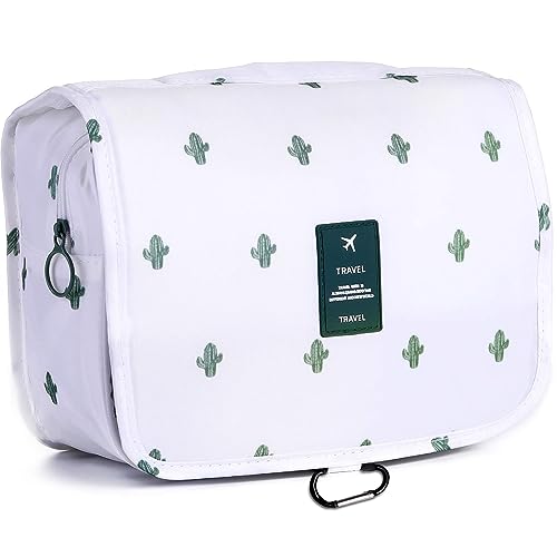 LAKIBOLE Toiletry Bag Multifunction Cosmetic Bag Portable Makeup Pouch Waterproof Travel Hanging Organizer Bag for Women Girls (Cactus&White)