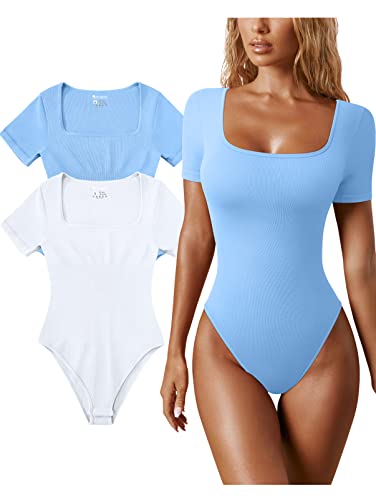 OQQ Women's 2 Piece Bodysuits Sexy Ribbed One Piece Square Neck Short Sleeve Bodysuits Candyblue White