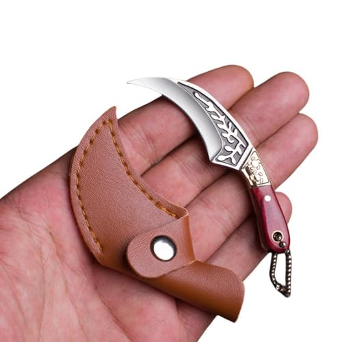 SZHOWORLD Ultra Small Fixed Blade Claw Knife, 1.65 inch 5Cr15 Stainless Steel Blade with Brass+Colored Wood Handle, Mini Knife/Box Cutter with Leather Sheath for EDC Gift Collection (Red brown)