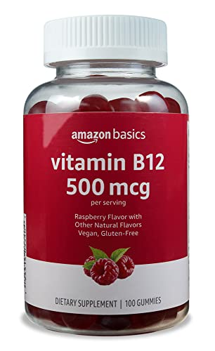 Amazon Basics Vitamin B12 500 mcg Gummies - Normal Energy Production and Metabolism, Immune System Support, Raspberry, 100 Count (2 per Serving) (Previously Solimo)