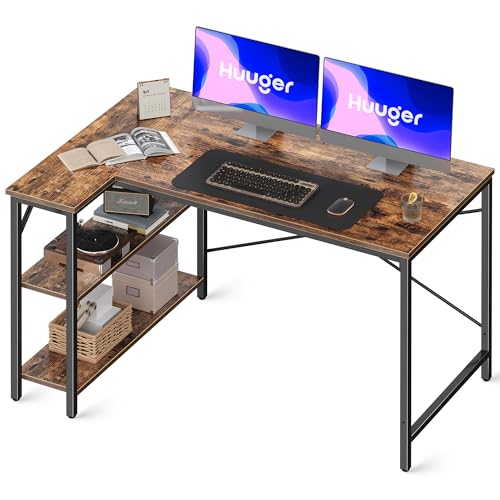 Huuger L Shaped Computer Desk with Reversible Storage Shelves, Gaming Corner Desk for Home Office, Writing Study Desk with Metal Frame, Rustic Brown