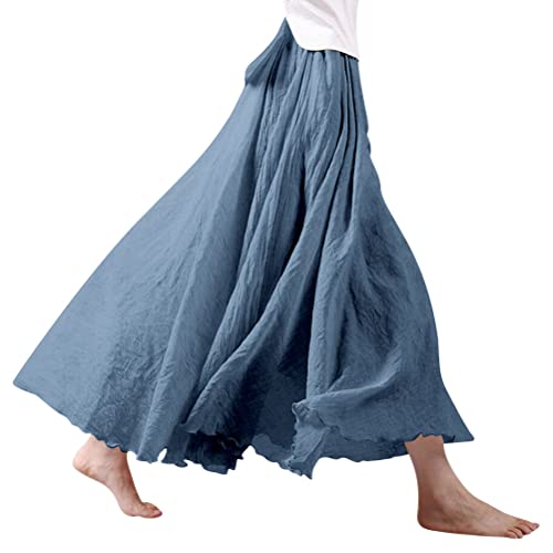 Ezcosplay Women Bohemian Cotton Linen Double Layer Elastic Waist Long Maxi Skirt