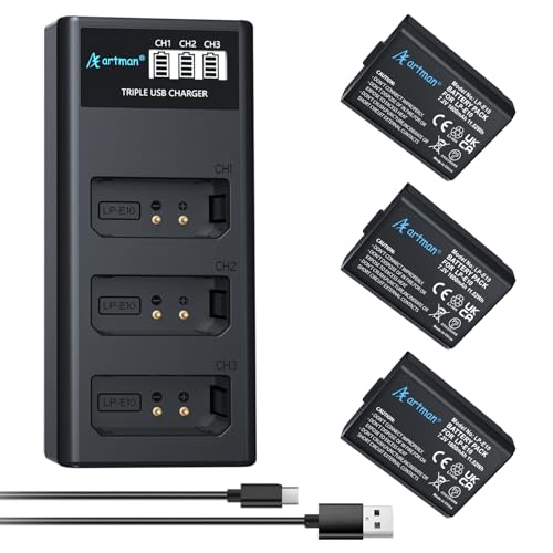 Artman 3-Pack LP-E10 Batteries 1600mAh and 3-Slot LCD Charger Pack for Canon EOS Rebel T7 T6 T5 T3 T100 Kiss X50 Kiss X70 EOS 1100D 1200D 1300D 2000D Digital Cameras