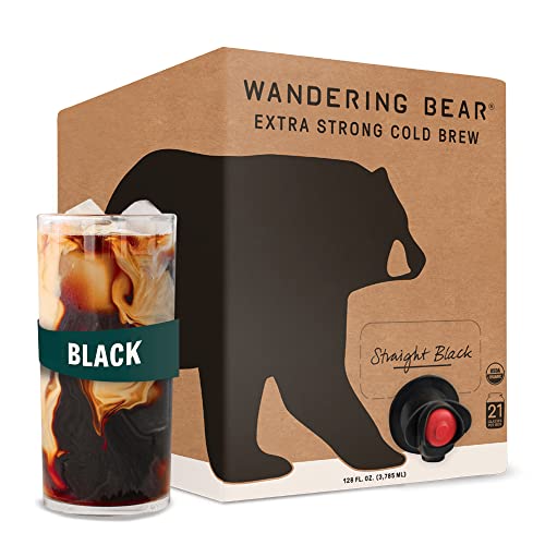Wandering Bear Straight Black Organic Cold Brew Coffee On Tap, 128 fl oz (1 gallon) - Extra Strong, Smooth, Unsweetened, Shelf-Stable, and Ready to Drink Iced Coffee, Cold Brewed Coffee, Cold Coffee