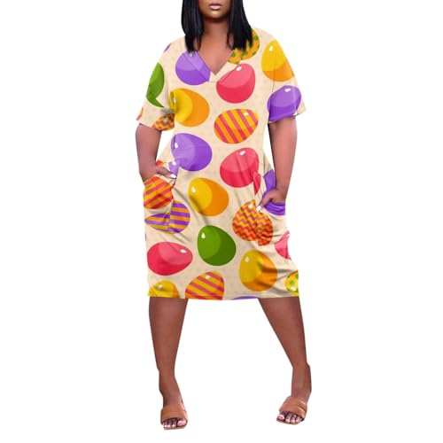 Short Sleeve Dress Women Fashion Printed T Shirt Plus Size 2024 Summer Dress with Pocket Casual V Neck Pullover Business Casual Dress for Women Summer（3-Purple,Large）