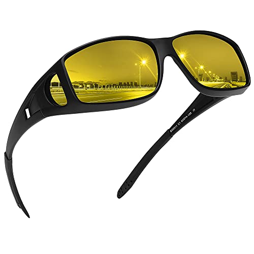 MEETSUN Fit Over Glasses Sunglasses for Men Women,Wrap Around Sunglasses Polarized UV400 Protection （Z1） Black Frame-Night Vision Lens
