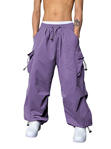 OYOANGLE Men's Cargo Pants Elastic Waist Flap Pockets Hip Hop Baggy Harem Pants Purple M