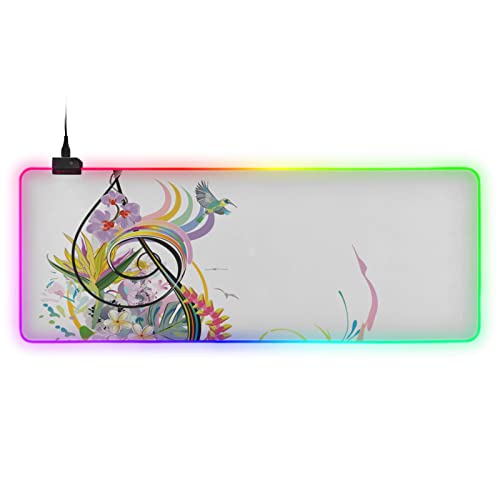 Large RGB Gaming Mouse Pad Abstract Treble Clef Decorated Summer Spring Glowing Extended Mousepad 31.5x11.8in, Soft Anti-Slip Rubber Base Luminous Mouse Mat for Pc Laptop, Gaming, Office, Home