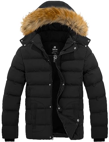 wantdo Men's Casual Bubble Coat with Fur Hood Warm Parka Jacket (Black, 2X-Large)