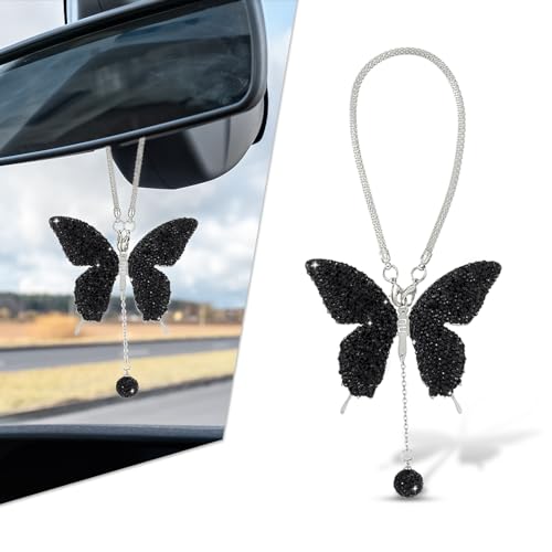 Bling Butterfly Diamond Pendant, Car Rear View Mirror Accessories for Women, Interior Hanging Crystal Ornament Decoration, Valentine's Day Lucky Gifts Black