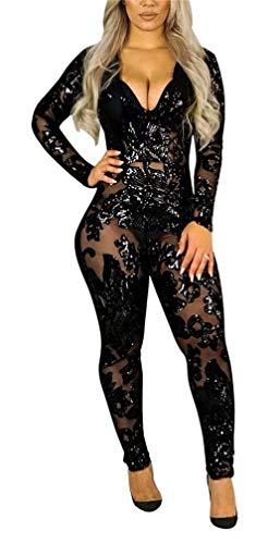 Women Sexy Sequins Jumpsuits Deep V Neck Long Sleeve Lace See Through Bodycon Club One Piece Outfit Rompers