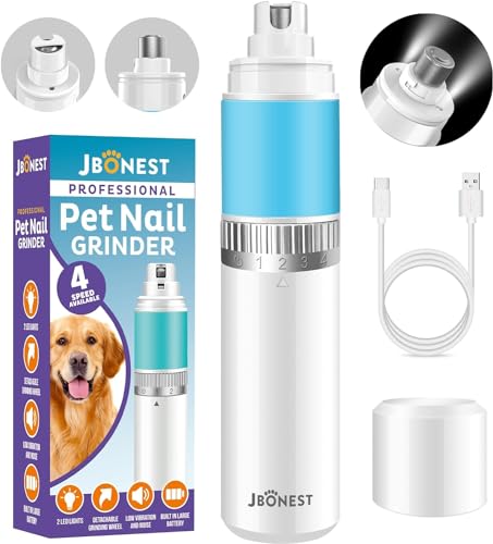 Dog Nail Grinder with Super Quiet, 4-Speed Rechargeable Dog Nail Trimmers for Large Dogs, Medium & Small Dogs & Cats Toenail Grooming, Cat Nail Trimmer with 2 LED Light, Pet Nail Grinder for Dogs