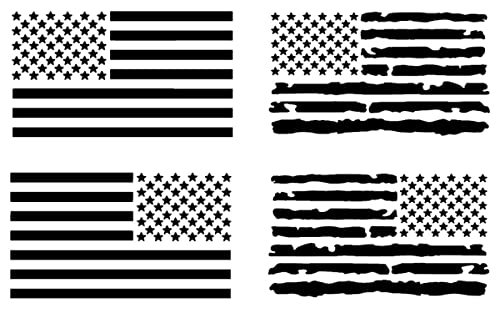 American Flag Decal 4 Pack: American Flag, Distressed American Flag Decals (Small ~4', Black)