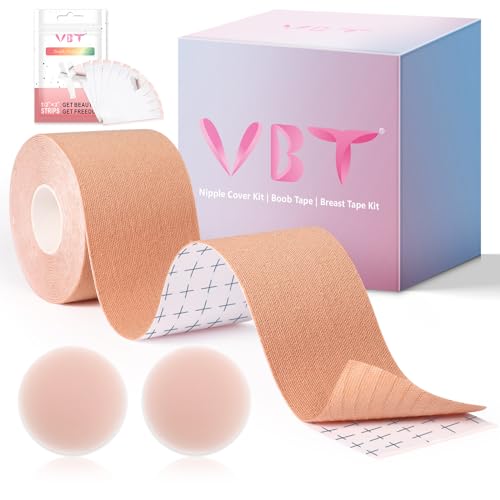 VBT Boob Tape - Breast Lift Tape, Body Tape for Breast Lift w 2 Pcs Silicone Breast Reusable Adhesive Bra, Bob Tape for Large Breasts A-G Cup, Nude