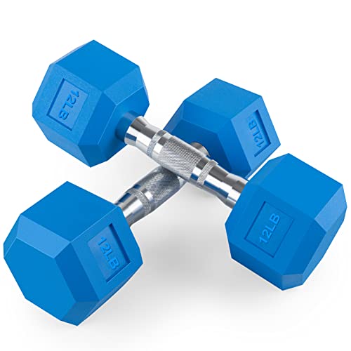 Portzon 8 Colors Options Compatible with Set of 2 Rubber Dumbbell,Anti-Slip, Anti-roll, Hex Shape Blue , 12-LB , Neoprene Dumbbells