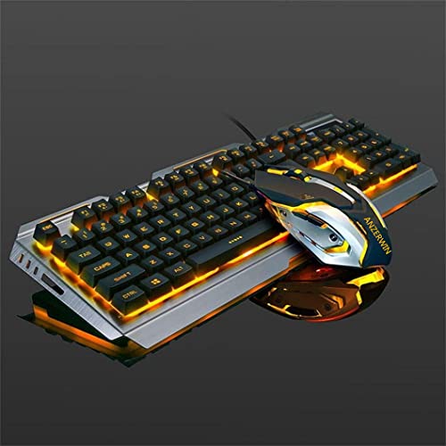 Gaming Keyboard and Mouse Combo Orange Yellow Backlit,LED Backlight Keyboard Computer Gaming Keyboad,Lighted PC Gaming Mouse,USB Keyboard Clicky Key,Silver Metal Structure,for Xbox PS4 PS3 Working