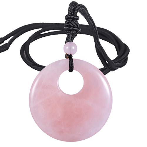 SUNYIK Natural Rose Crystal Lucky Coin Pendant Necklace for Women Men, Healing Crystal Amulet Jewelry for Unisex, Donut Round Shaped, Adjustable 18''-28'' strand