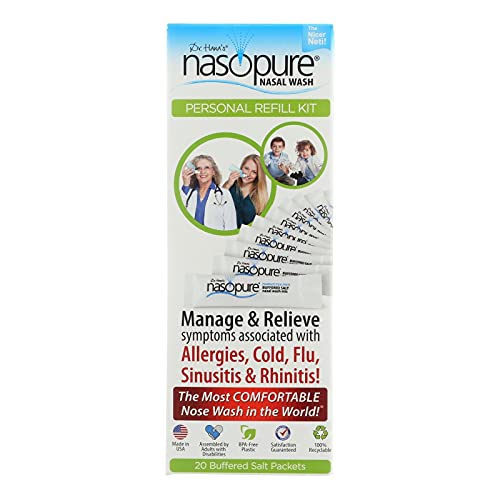 Nasopure Nasal Wash, Personal Refill Kit, “The Nicer Neti Pot” Sinus Wash Kit, Comfortable Nasal Rinse 20 Salt Packets (3.75 Grams Each), Nasal Congestion, Cold, Flu, Allergy, Nasal Irrigation System