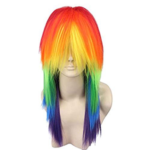 Anogol Hair Cap+ Long Straight Wig Synthetic Wig for Women Men Multi-Colored Cosplay Wig Anime Wig for Halloween Costume Christmas Party