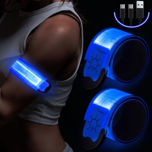 Simket LED Armbands for Running (2 Pack), USB Rechargeable Reflective Running Gear, High Visibility Light Up Bands Adjustable Running Lights for Runners Men Women Kids