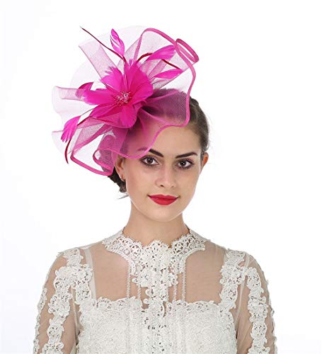 SAFERIN Fascinator Hat Feather Mesh Net Veil Party Hat Flower Derby Hat with Clip and Hairband for Women (TA1-Rose Pink)