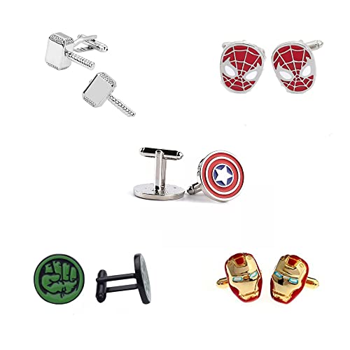 Superhero Cufflinks Wedding/Birthday Set of 5: Iron Man Spiderman Captain America Thor Hulk Marvel Collection