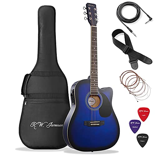 Jameson Guitars Full Size Thinline Acoustic Electric Guitar with Free Gig Bag Case & Picks Blue Right Handed