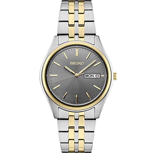 SEIKO SUR432 Watch for Men - Essentials - with Charcoal Sunray Dial, Day/Date Calendar, Two-Tone Stainless Steel Case/Bracelet, Gold Hands and Markers, and 100m Water-Resistant