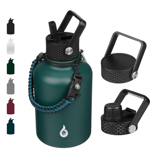 BJPKPK Insulated Water Bottles with Straw Lid,50oz Large Bottle,Stainless Steel Vacuum Bottle,Hot & Cold 3 Lids and Paracord Handle,Army Green