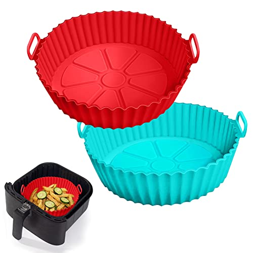 2 Pack Air Fryer Silicone Liners Pot for 3 to 5 QT, Basket Bowl, Replacement of Flammable Parchment Paper, Reusable Baking Tray Oven Accessories, Red+Blue, (Top 8in, Bottom 6.75in)