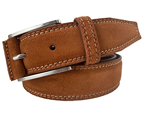 MENS BELT ITALIAN CONTRAST STITCH SUEDE BELT 35MM (TAN WITH CREAM, MEDIUM-33-35-INCHES)