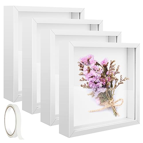 4 Pack 8 x 8in Shadow Box Picture Frame 3D Frames Shadow Box Square Shadow Boxes Display Cases with Adhesive Tape for Baby Items Wedding Memories Crafts Awards Medals Tickets and Photos(White)