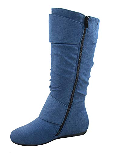 TOP Moda Bank-81 Women's Fashion Round Toe Flat Heel Zipper Buckle Slouchy Mid-Calf Boot Shoes (8 B(M) US, Denim Blue)