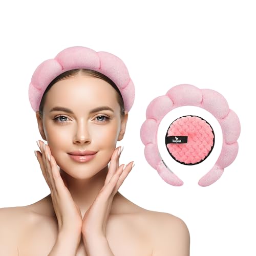 BERIENS, Spa Headband for Washing Face with Makeup Remover Pad, Headband for Washing Face, Makeup Skincare Headband, Puffy Headbands for Face Washing,Terry Towel Cloth Cute Bubble Headband (PINK)