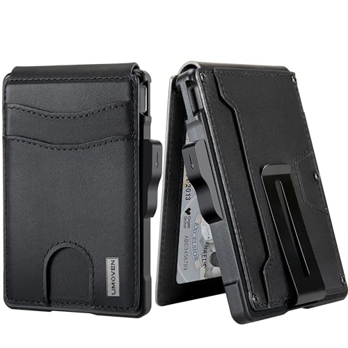 umoven Wallet for Men - with Money Clip Slim Leather Slots Credit Card Holder RFID Blocking Bifold Minimalist Wallet with Gift Box (Dark Black)