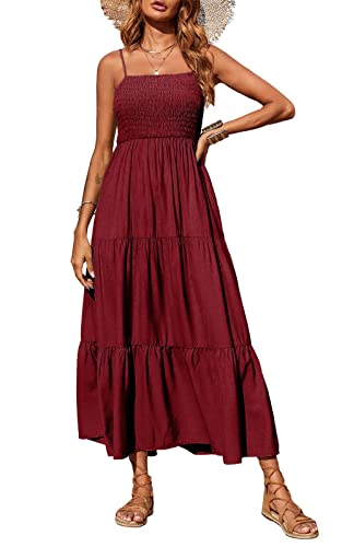 PRETTYGARDEN Women's Summer Maxi Dress Casual Boho Sleeveless Spaghetti Strap Smocked Tiered Long Beach Sun Dresses