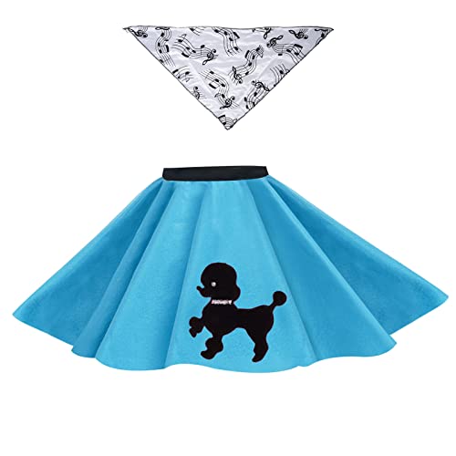 1950s Turquoise Blue Poodle Skirt for Toddlers with Musical Note Printed Scarf | Turquoise Kids Sock Hop Skirt | Kids 50s Costume