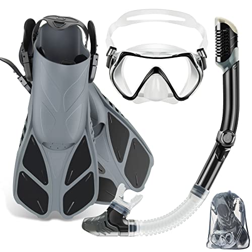 ZEEPORTE Mask Fin Snorkel Set, Travel Size Snorkeling Gear for Adults with Panoramic View Anti-Fog Mask, Trek Fins, Dry Top Snorkel and Gear Bag for Swimming Training, Snorkeling Kit Diving Packages