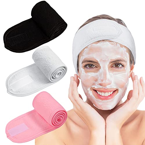 Whaline Spa Facial Headband Make Up Wrap Head Terry Cloth Headband Adjustable Towel for Face Washing, Shower, 3 Pieces (White, Black, Pink)