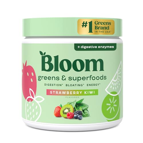 Bloom Nutrition Greens and Superfoods Powder for Digestive Health, Greens Powder, Digestive Enzymes, Probiotics, Spirulina, Chlorella for Bloating & Gut Support, Green Juice, 30 SVG, Strawberry Kiwi