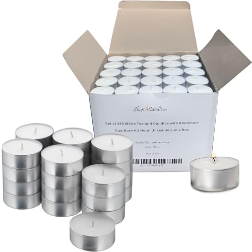 Tea Light Candles in Metal Cups - 4.5 Hours Clean, Long Burning White Unscented Tea Candles - 250 Candles - Votive Candles Bulk for Romantic Dinner, Wedding, Spa & Hotels by PARNOO