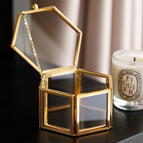 WHSLILR Vintage Glass Jewelry Box - Hexagon Gold Glass Box Keepsake Box for Storage Ring Earring Trinket, Jewelry Organizer and Decorative Box Gift for Women and Girls