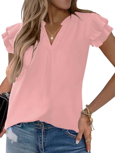 Sucolan Womens Cute Summer Tops Notch V Neck Cute Ruffle Sleeve Blouses Pink Shirts for Women Business Casual L