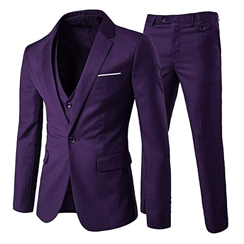 Men's Notch Lapel Modern Fit Suit Blazer Jacket Tux Vest & Trousers Set Three-Piece, Purple, Medium