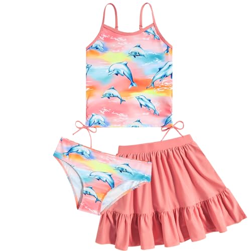 swimsobo Bathing Suit for Size 6-7 Years Girls 3 Piece Swimsuit Pink Dolphin Tankini Sets with Skirt Adjustable Strap Swimwear