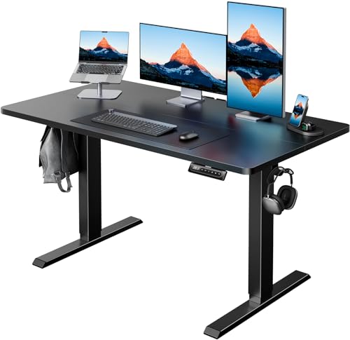 HUANUO 48' x 24' Electric Standing Desk Adjustable Height, 4 Memory Height Settings, Headphone Hook, Cable Manager, Sit Stand Up Desk for Home Office & Computer Workstation, Black