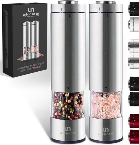 Electric Salt and Pepper Grinder Set - Battery Operated Stainless Steel Mill with Light (2 Mills) - Automatic One Handed Operation - Electronic Adjustable Shakers - Ceramic Grinders